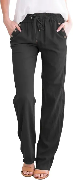 NBXNZWF Cotton Linen Pants for Women Casual Straight Leg Drawstring Elastic High Waist Long Trouser Loose Fit Lounge Pants
