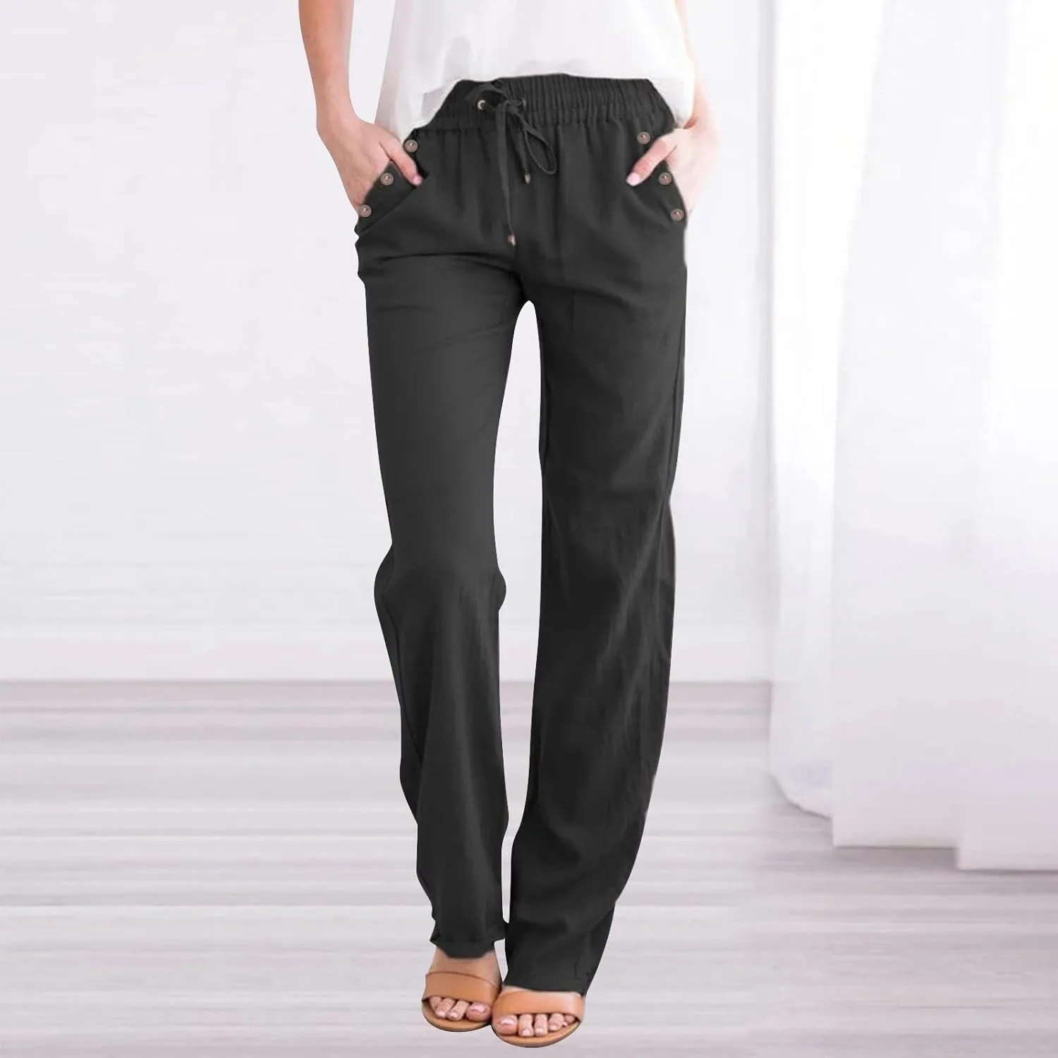 NBXNZWF Cotton Linen Pants for Women Casual Straight Leg Drawstring Elastic High Waist Long Trouser Loose Fit Lounge Pants