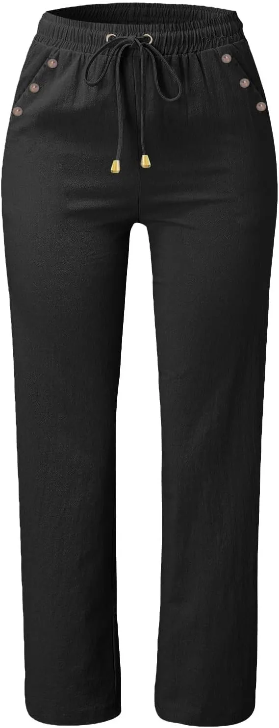 NBXNZWF Cotton Linen Pants for Women Casual Straight Leg Drawstring Elastic High Waist Long Trouser Loose Fit Lounge Pants