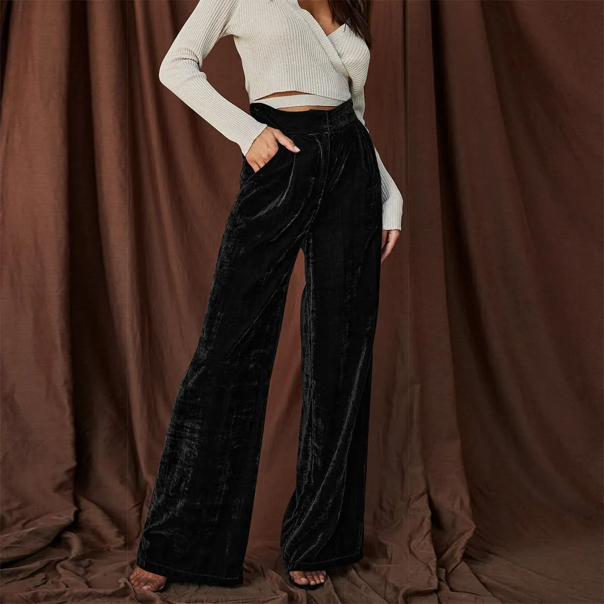 OBEEII Velvet Wide Leg Pants for Women High Waisted Pants Flowy Velvet Pants Casual Fall Winter Trousers with Pockets