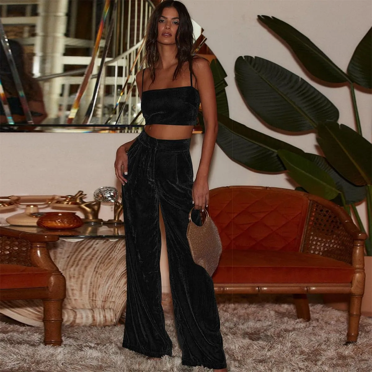OBEEII Velvet Wide Leg Pants for Women High Waisted Pants Flowy Velvet Pants Casual Fall Winter Trousers with Pockets