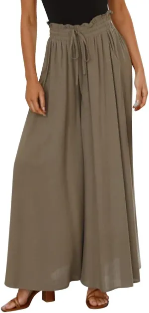 OBEEII Womens High Waist Chiffon Pants Boho Flowy Wide Leg Casual Palazzo Trousers