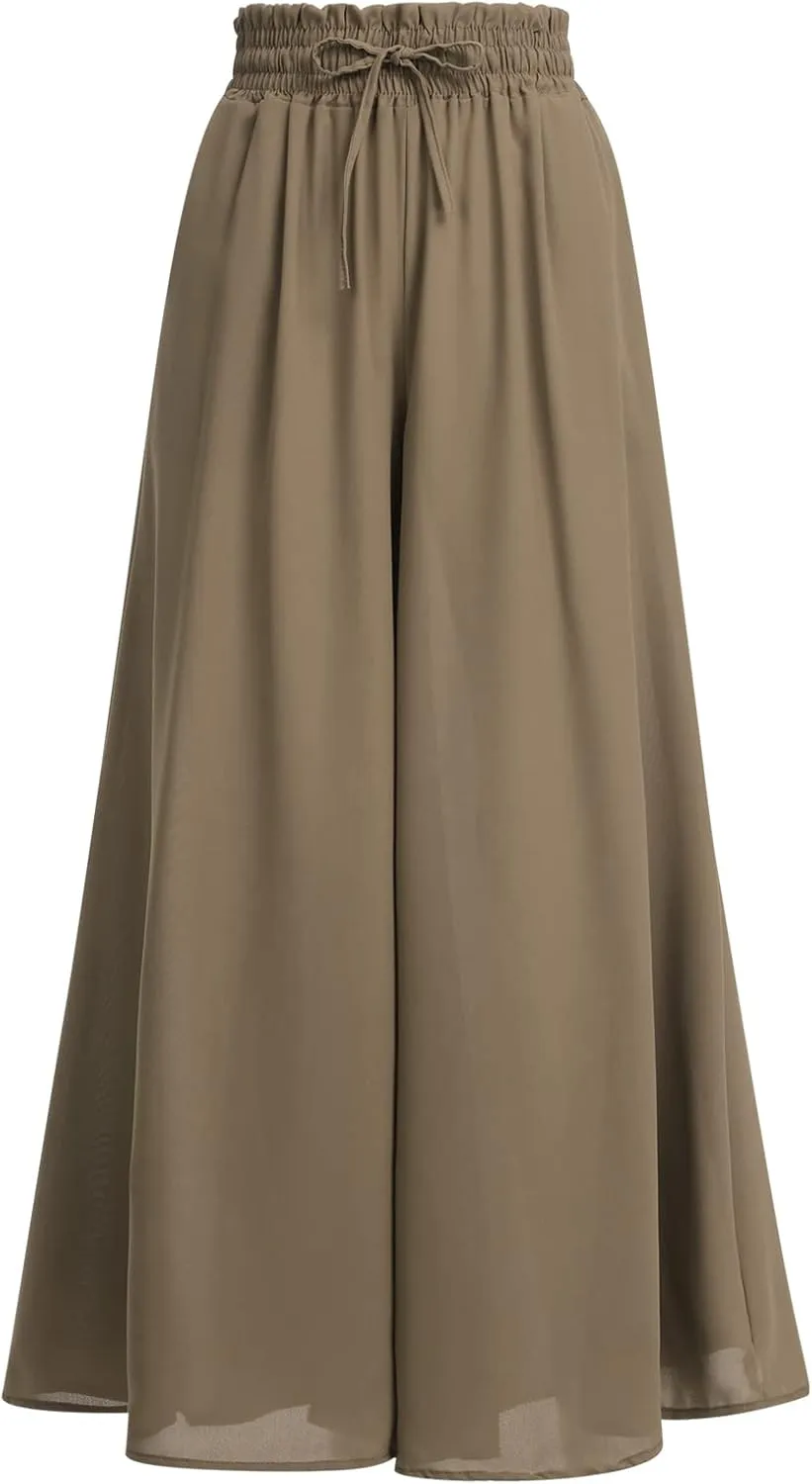 OBEEII Womens High Waist Chiffon Pants Boho Flowy Wide Leg Casual Palazzo Trousers