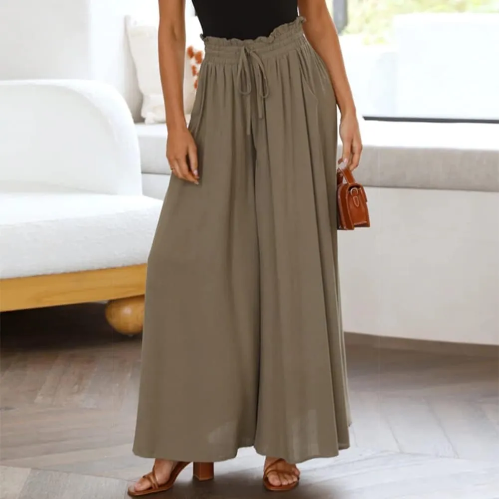OBEEII Womens High Waist Chiffon Pants Boho Flowy Wide Leg Casual Palazzo Trousers