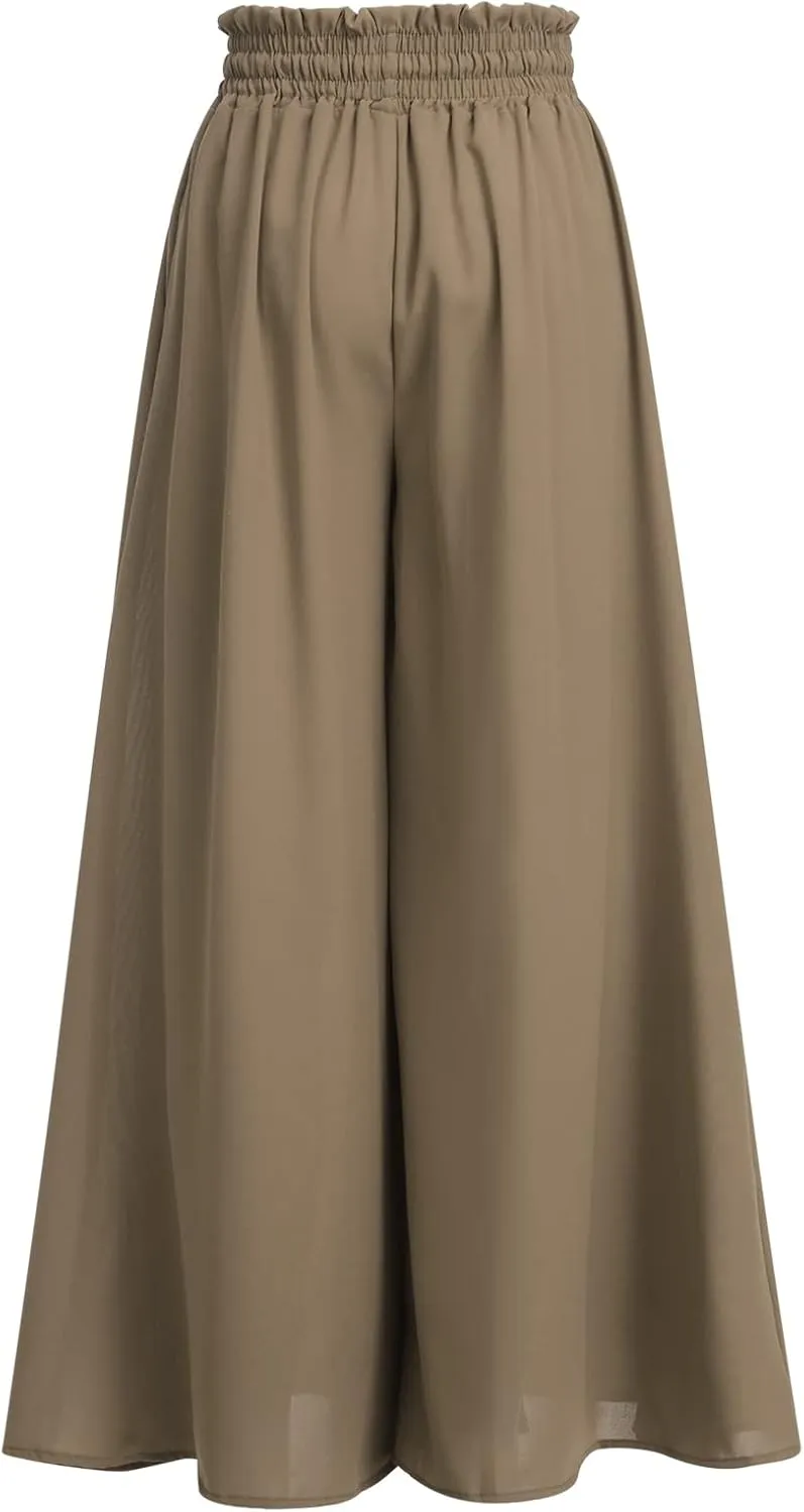 OBEEII Womens High Waist Chiffon Pants Boho Flowy Wide Leg Casual Palazzo Trousers