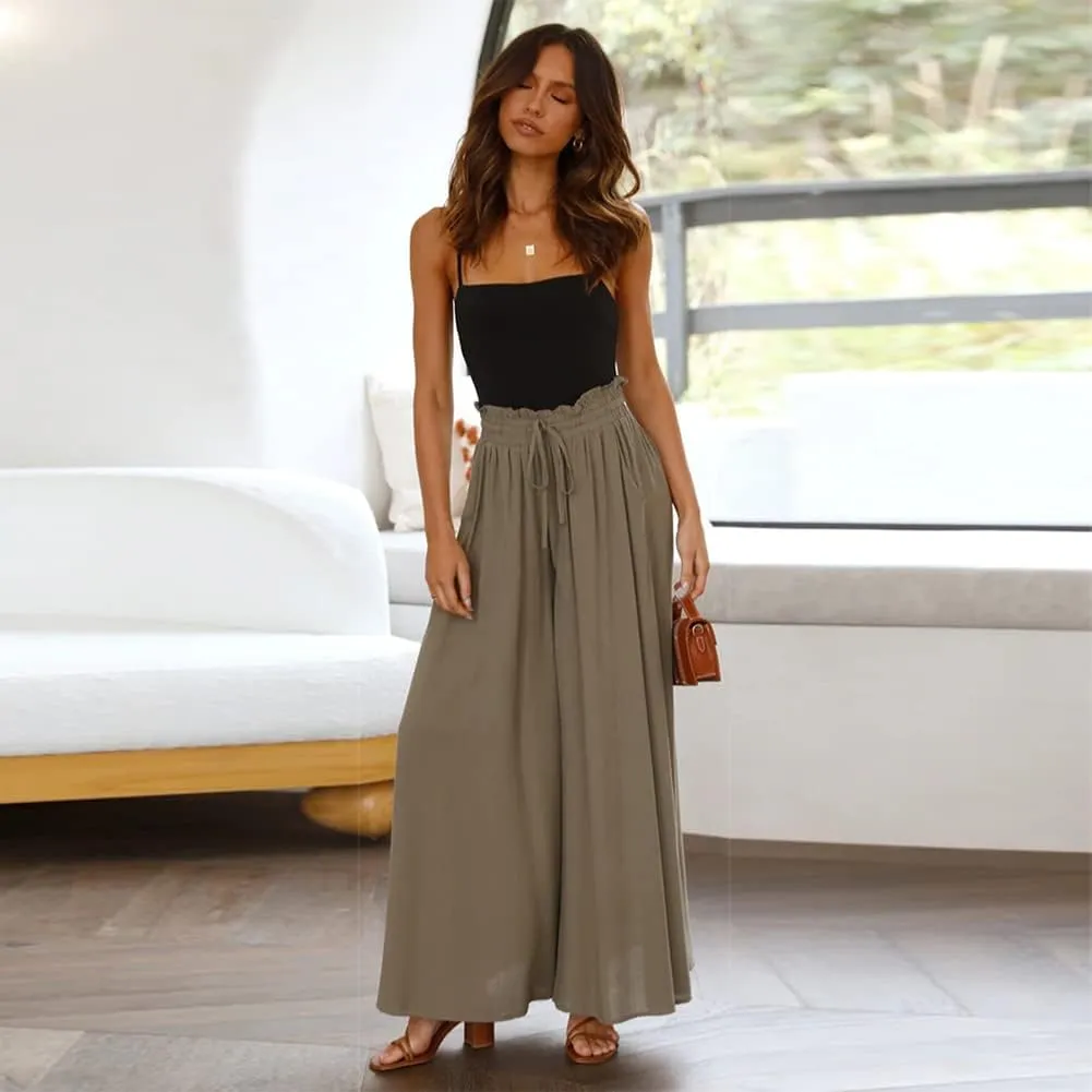 OBEEII Womens High Waist Chiffon Pants Boho Flowy Wide Leg Casual Palazzo Trousers