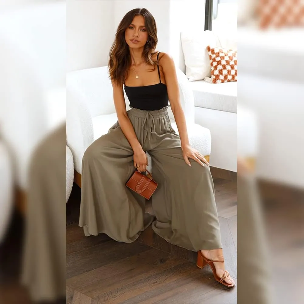 OBEEII Womens High Waist Chiffon Pants Boho Flowy Wide Leg Casual Palazzo Trousers