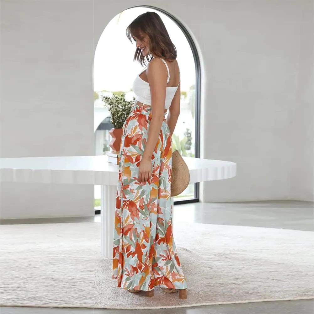 ODIZLI Women Palazzo Wide Leg Pant with Pockets Casual Loose Flowy Pants Solid Color/Floral Print
