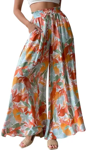 ODIZLI Women Palazzo Wide Leg Pant with Pockets Casual Loose Flowy Pants Solid Color/Floral Print