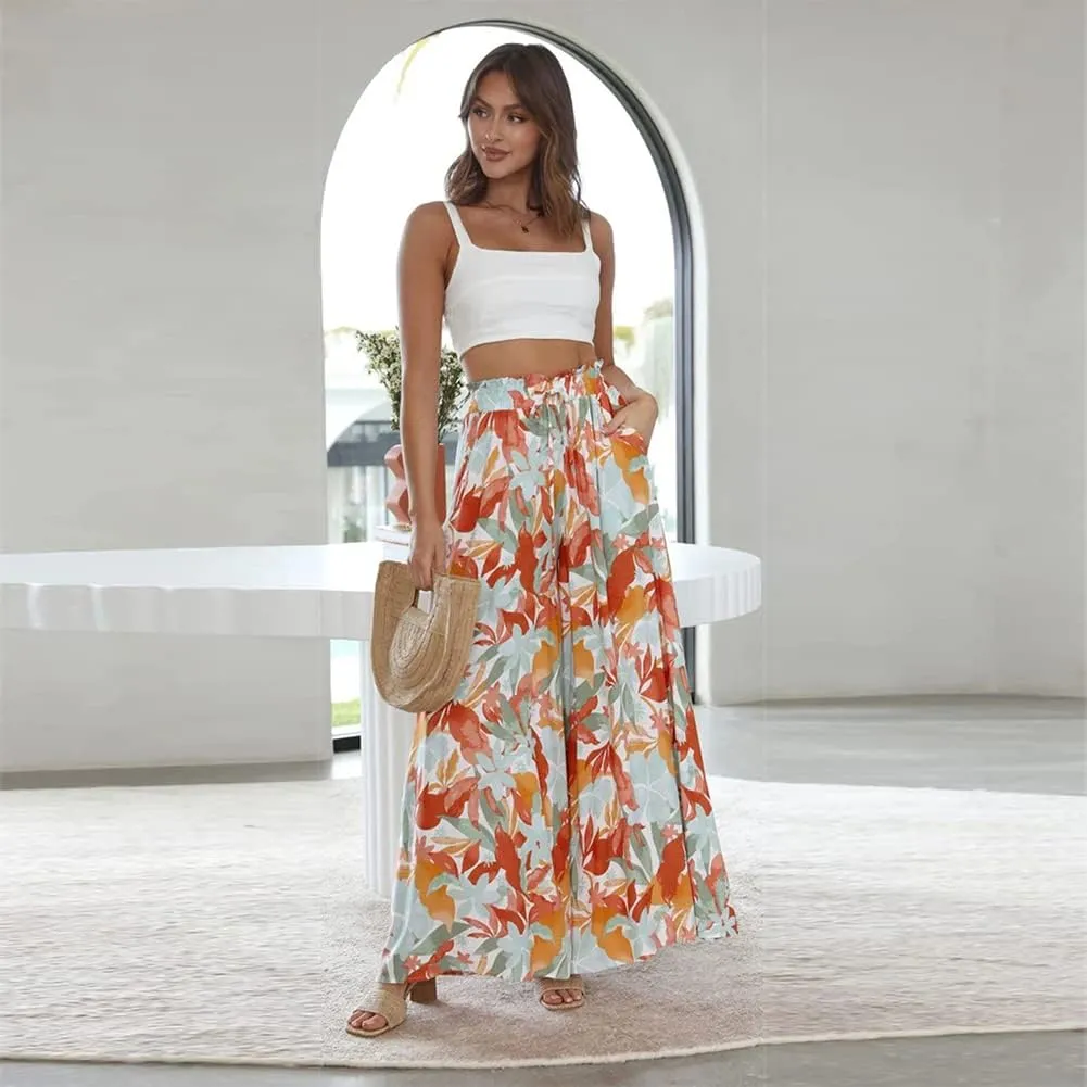 ODIZLI Women Palazzo Wide Leg Pant with Pockets Casual Loose Flowy Pants Solid Color/Floral Print