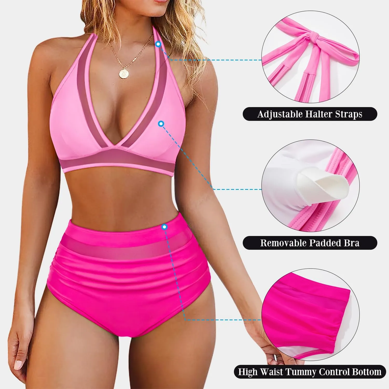 OMKAGI Women Mesh High Waisted Bikini Set Sexy V Neck Tummy Control Swimsuit Bathing Suit