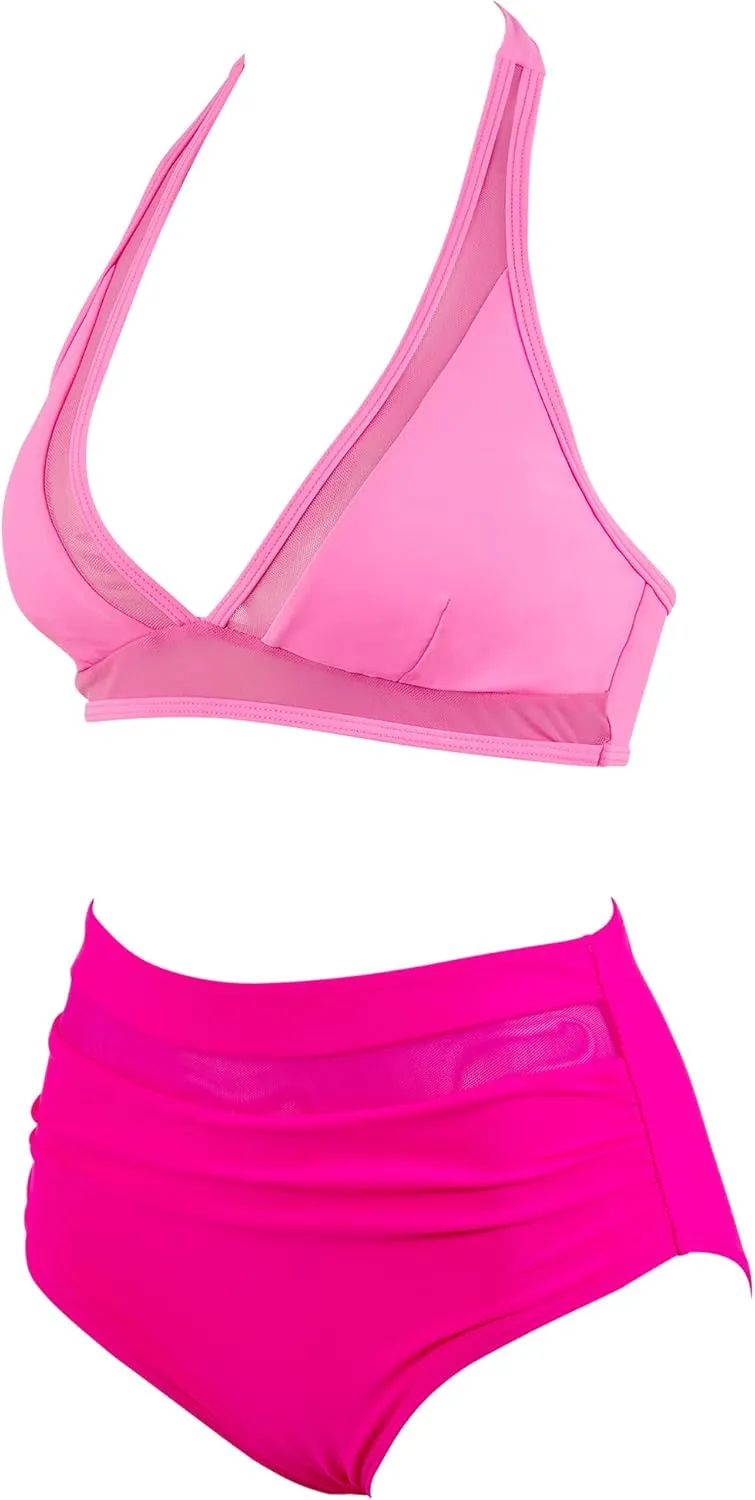 OMKAGI Women Mesh High Waisted Bikini Set Sexy V Neck Tummy Control Swimsuit Bathing Suit