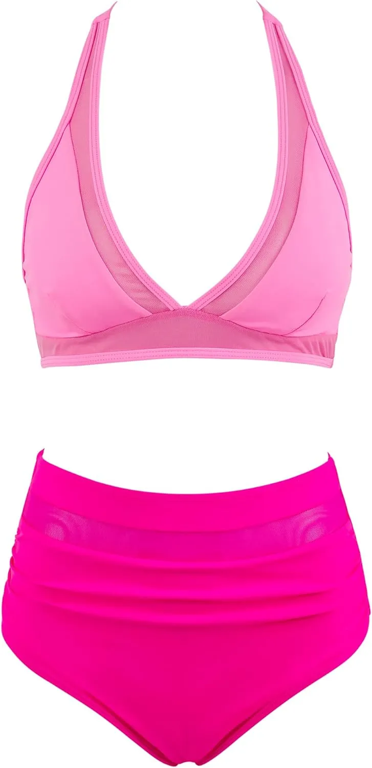 OMKAGI Women Mesh High Waisted Bikini Set Sexy V Neck Tummy Control Swimsuit Bathing Suit
