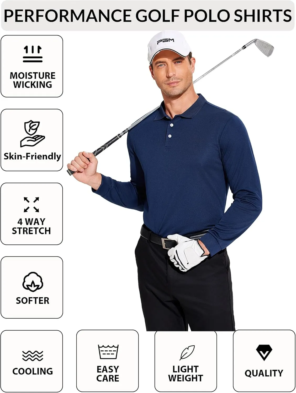 PINSPARK Long Sleeve Polo Shirts for Men Moisture Wicking Golf Shirts Quick Dry Work Hiking Casual Collared Shirt
