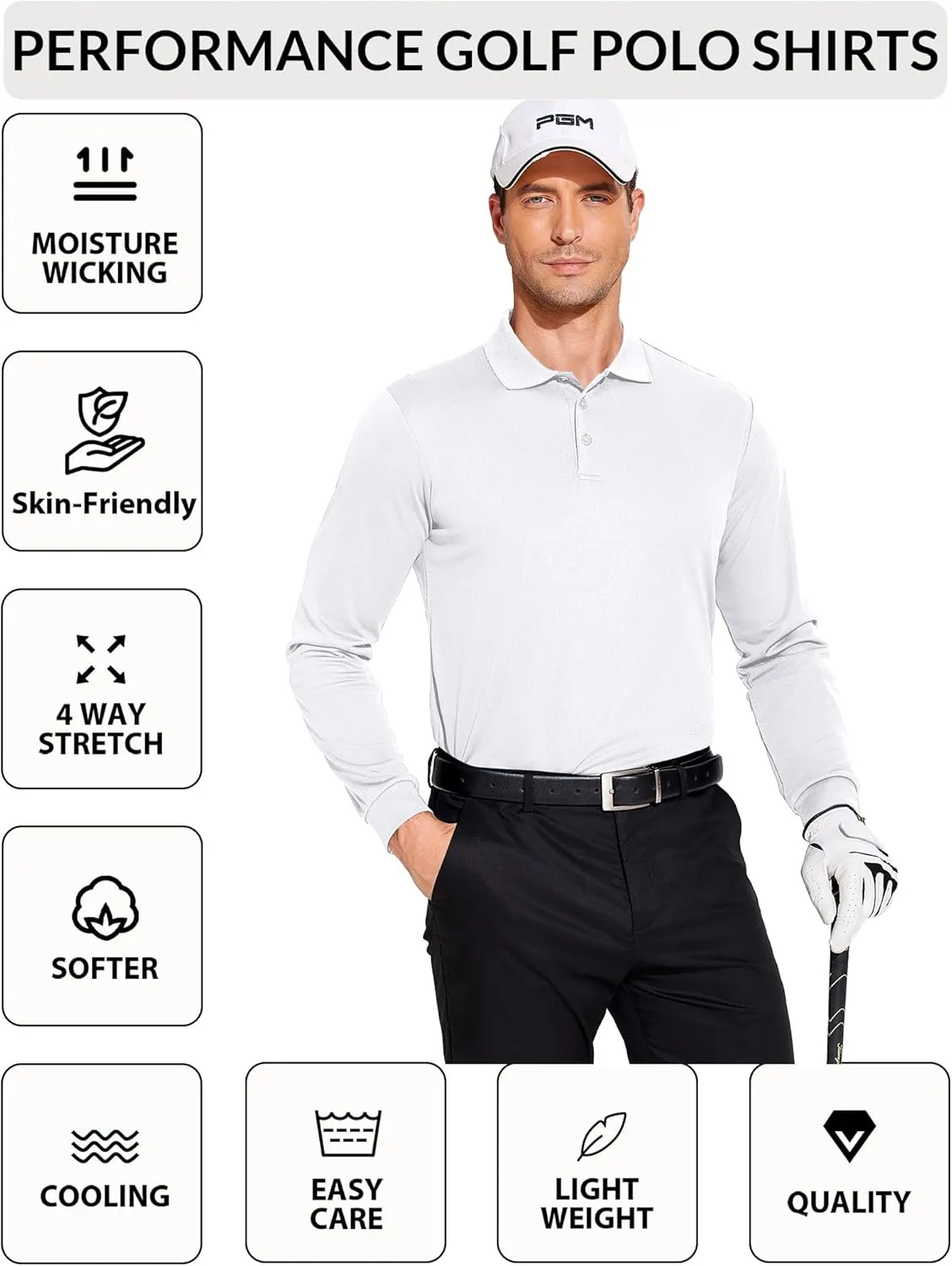 PINSPARK Long Sleeve Polo Shirts for Men Moisture Wicking Golf Shirts Quick Dry Work Hiking Casual Collared Shirt