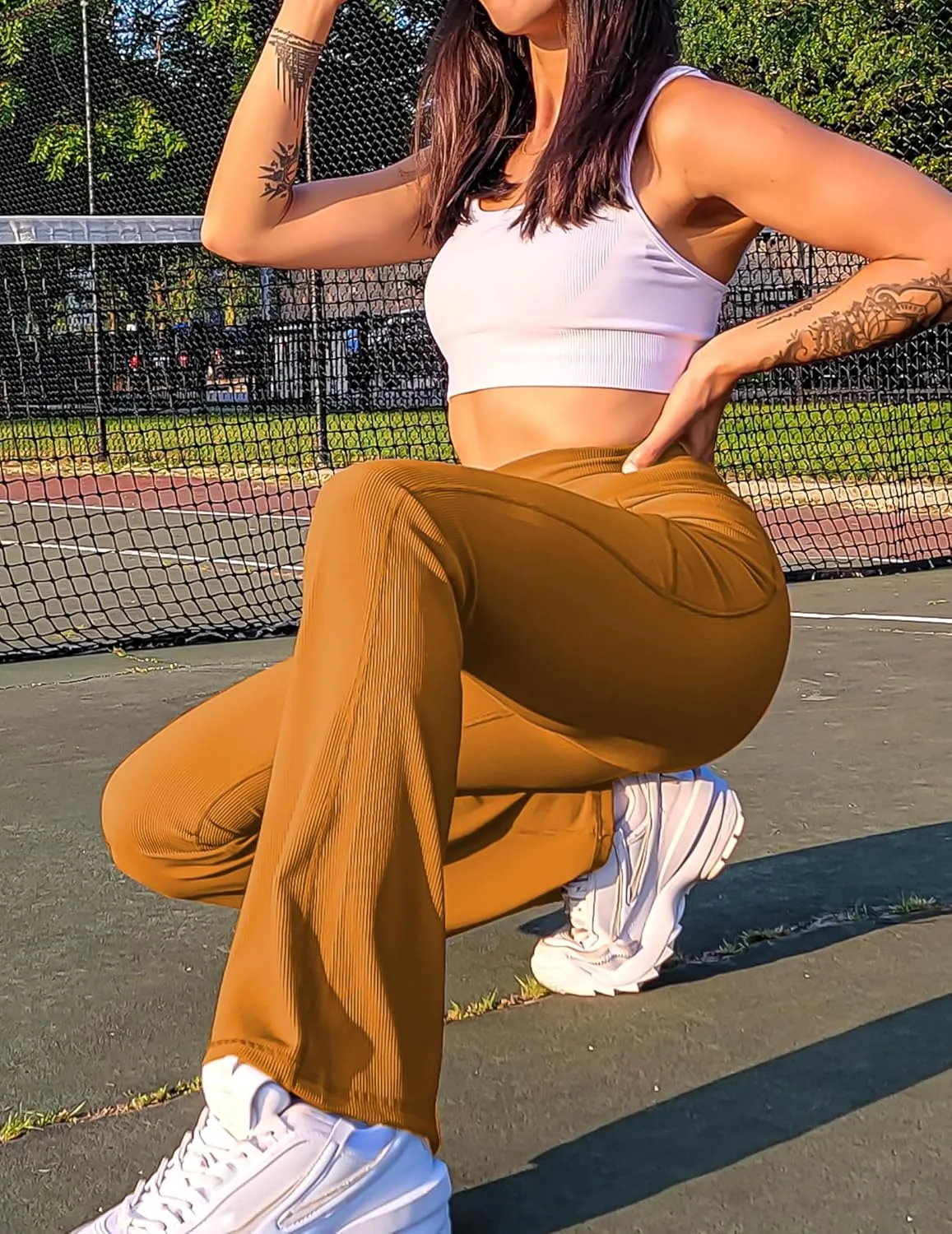 PINSPARK Womens Flare Yoga Pants Ribbed Bootcut Leggings High Waisted Flares Bottom Workouts Pants with Pockets