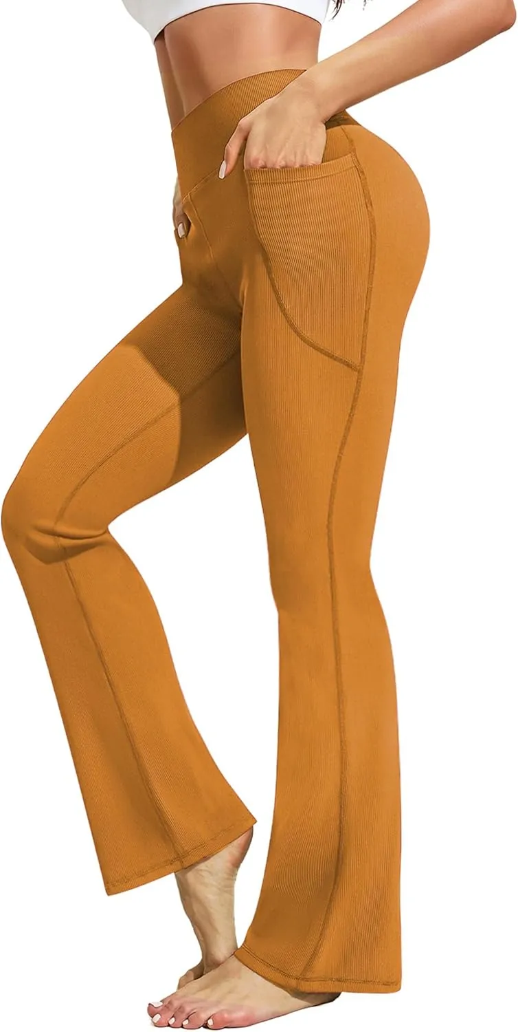 PINSPARK Womens Flare Yoga Pants Ribbed Bootcut Leggings High Waisted Flares Bottom Workouts Pants with Pockets