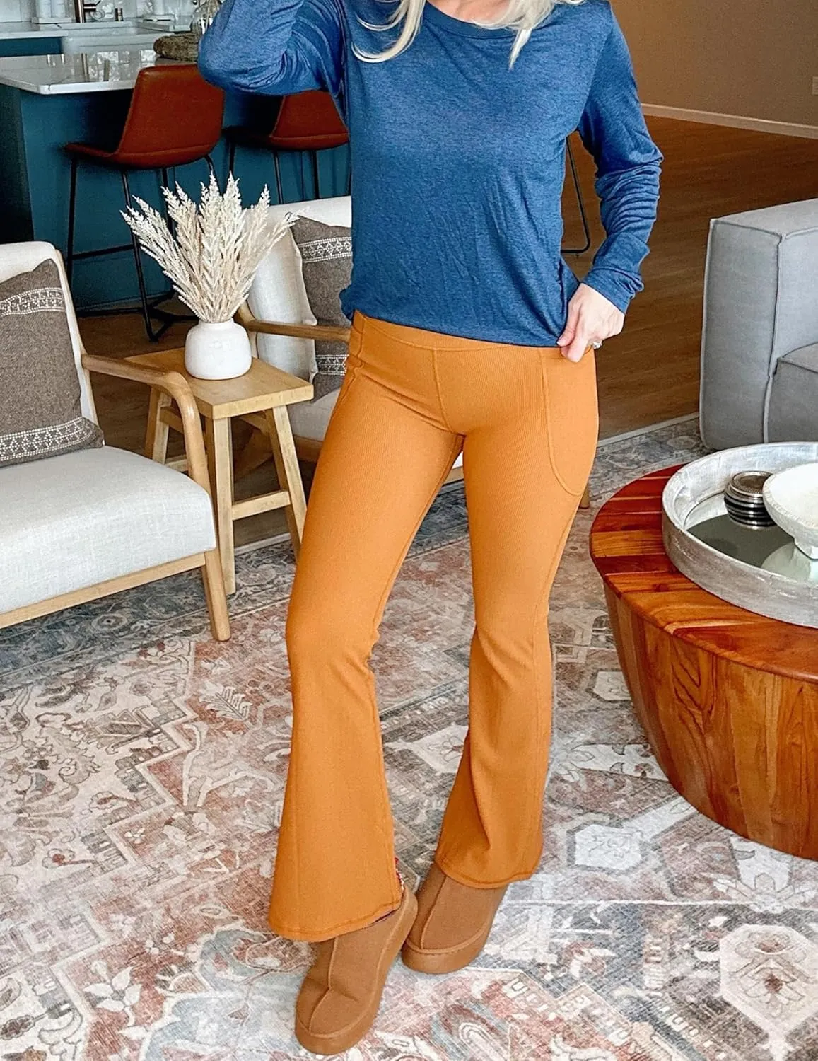 PINSPARK Womens Flare Yoga Pants Ribbed Bootcut Leggings High Waisted Flares Bottom Workouts Pants with Pockets