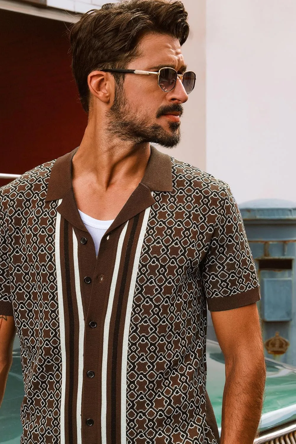 PJ PAUL JONES Mens 70S Shirts Vintage Shirts Button Down Cuban Collar Knitted Polo Shirt