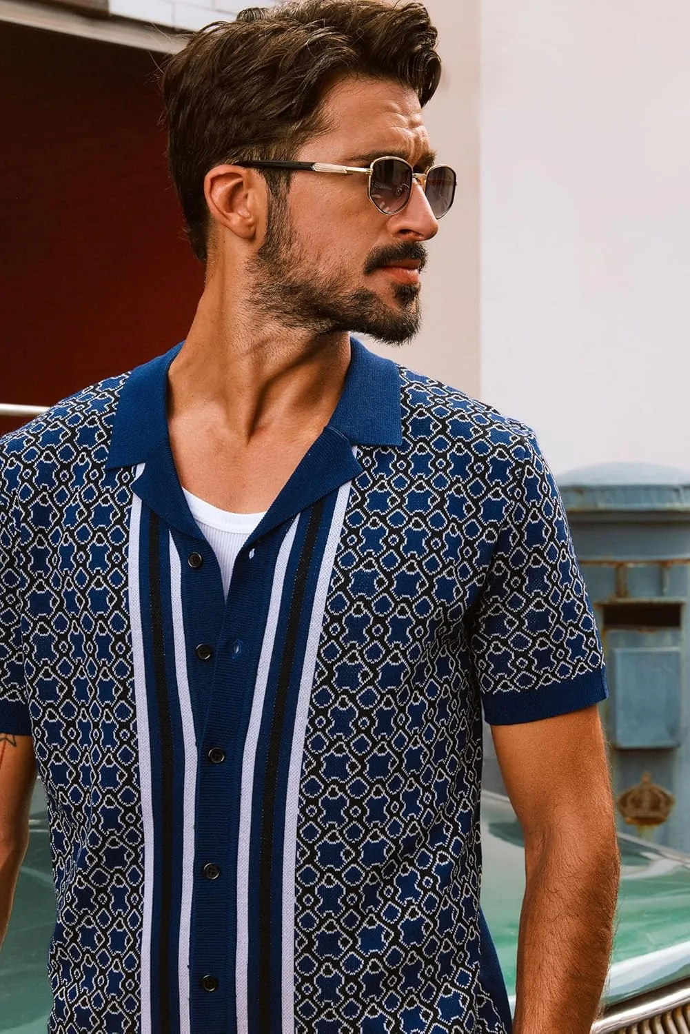 PJ PAUL JONES Mens 70S Shirts Vintage Shirts Button Down Cuban Collar Knitted Polo Shirt