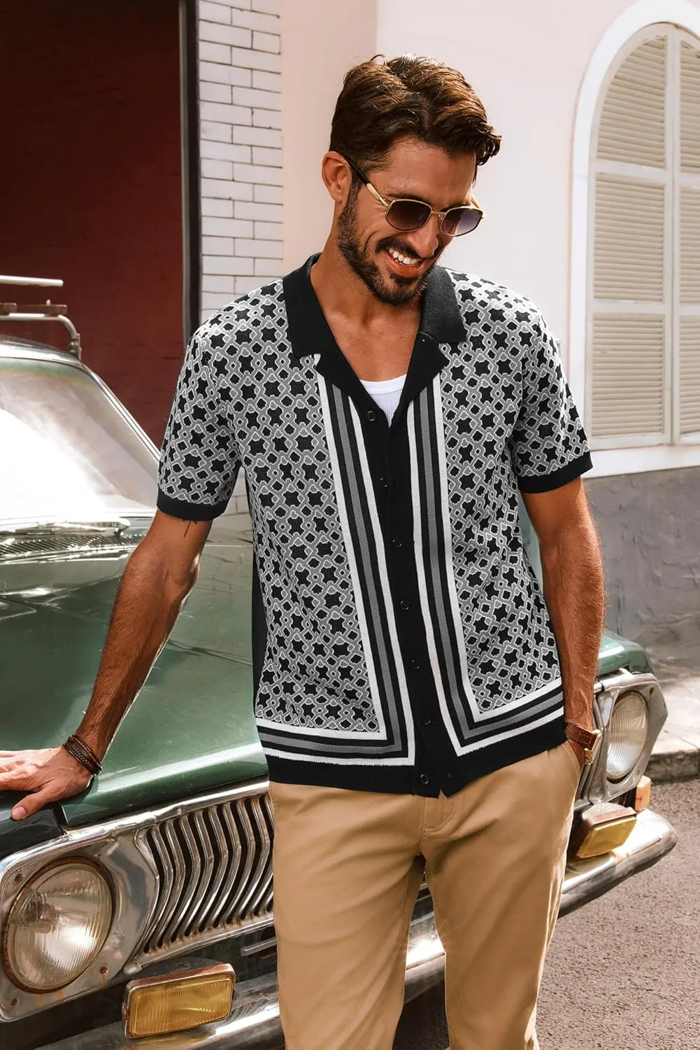 PJ PAUL JONES Mens 70S Shirts Vintage Shirts Button Down Cuban Collar Knitted Polo Shirt