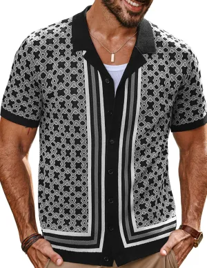 PJ PAUL JONES Mens 70S Shirts Vintage Shirts Button Down Cuban Collar Knitted Polo Shirt