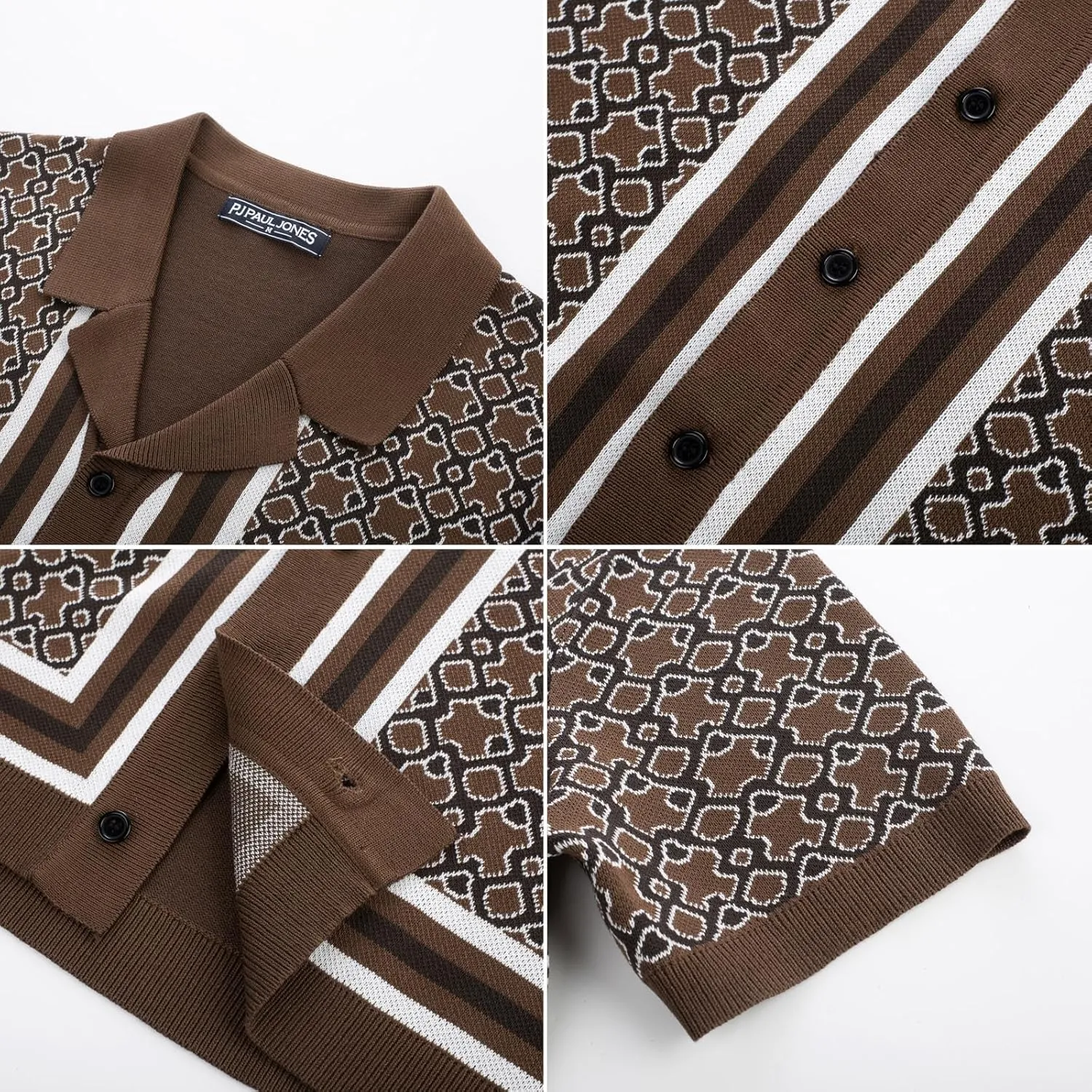 PJ PAUL JONES Mens 70S Shirts Vintage Shirts Button Down Cuban Collar Knitted Polo Shirt