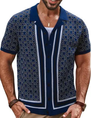 PJ PAUL JONES Mens 70S Shirts Vintage Shirts Button Down Cuban Collar Knitted Polo Shirt