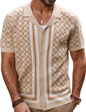 PJ PAUL JONES Mens 70S Shirts Vintage Shirts Button Down Cuban Collar Knitted Polo Shirt