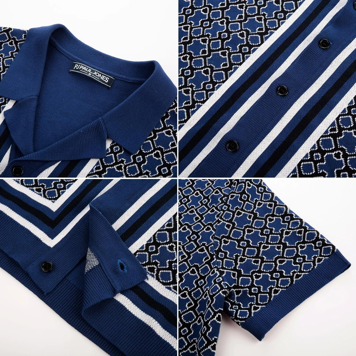 PJ PAUL JONES Mens 70S Shirts Vintage Shirts Button Down Cuban Collar Knitted Polo Shirt