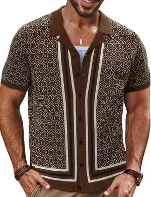 PJ PAUL JONES Mens 70S Shirts Vintage Shirts Button Down Cuban Collar Knitted Polo Shirt