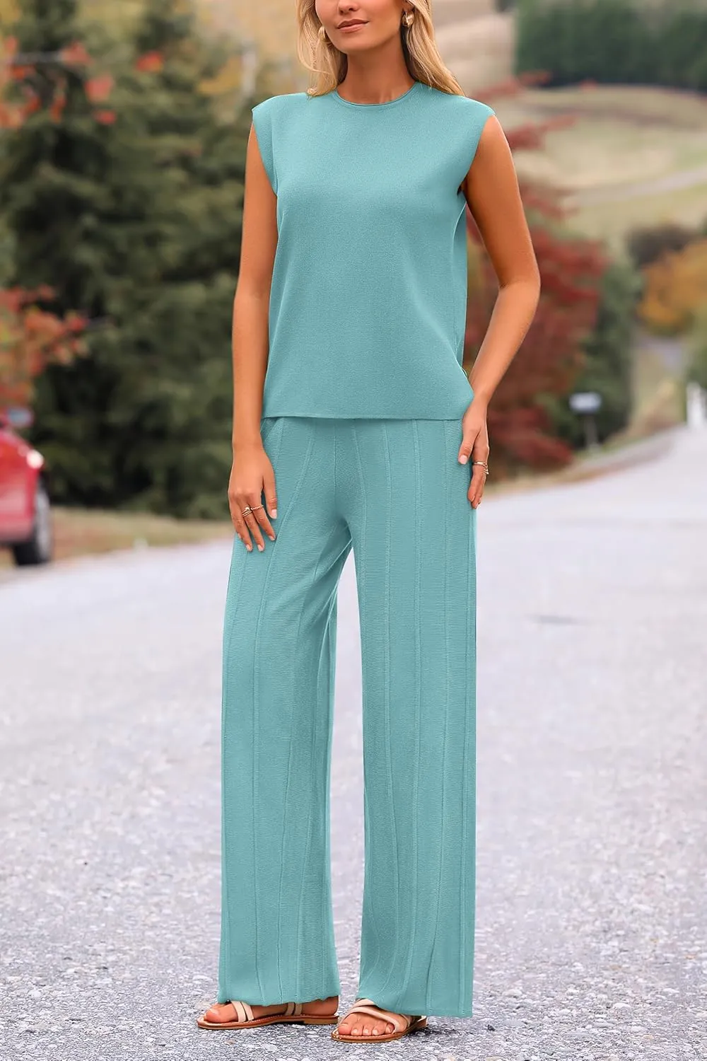 PRETTYGARDEN Women's 2 Piece Outfits Knit Loungewear High Low Pullover Tops and Wide Leg Pants Casual Sweater Sets Tracksuits