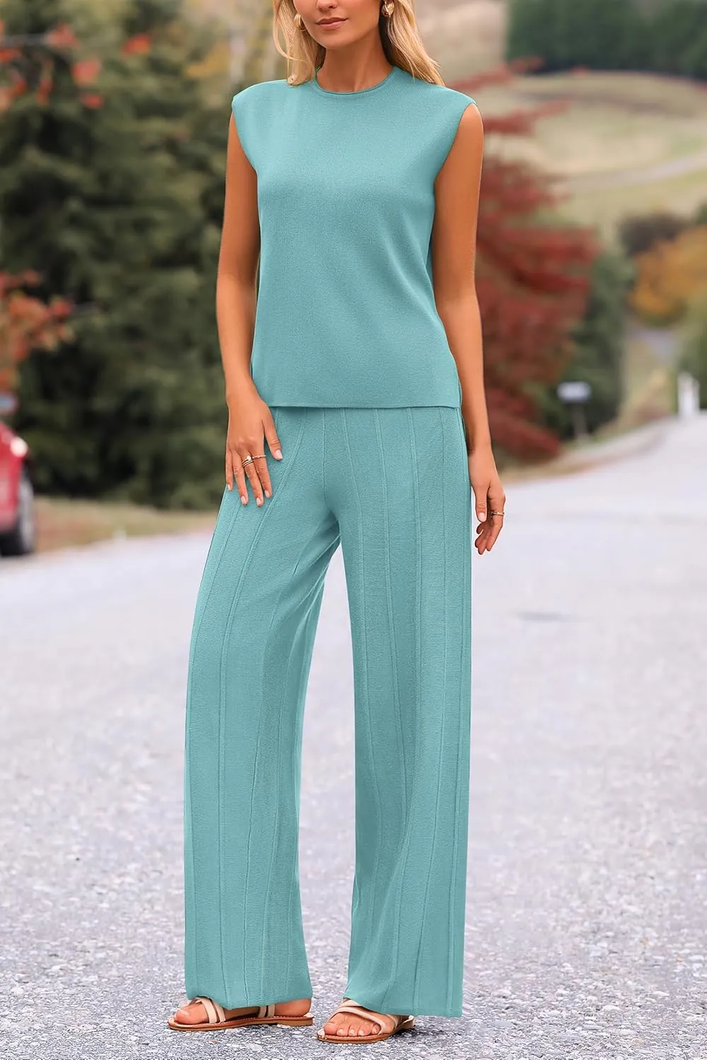 PRETTYGARDEN Women's 2 Piece Outfits Knit Loungewear High Low Pullover Tops and Wide Leg Pants Casual Sweater Sets Tracksuits