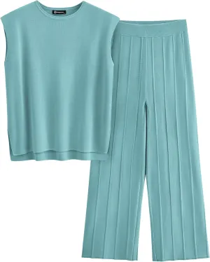 PRETTYGARDEN Women's 2 Piece Outfits Knit Loungewear High Low Pullover Tops and Wide Leg Pants Casual Sweater Sets Tracksuits