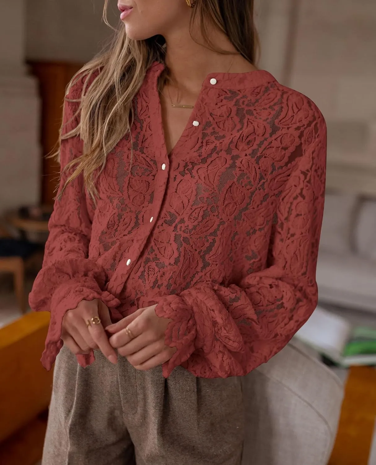 PRETTYGARDEN Women's Dressy Casual Lace Blouse Long Sleeve Button Up Shirts Tops Spring Fall Fashion Clothes