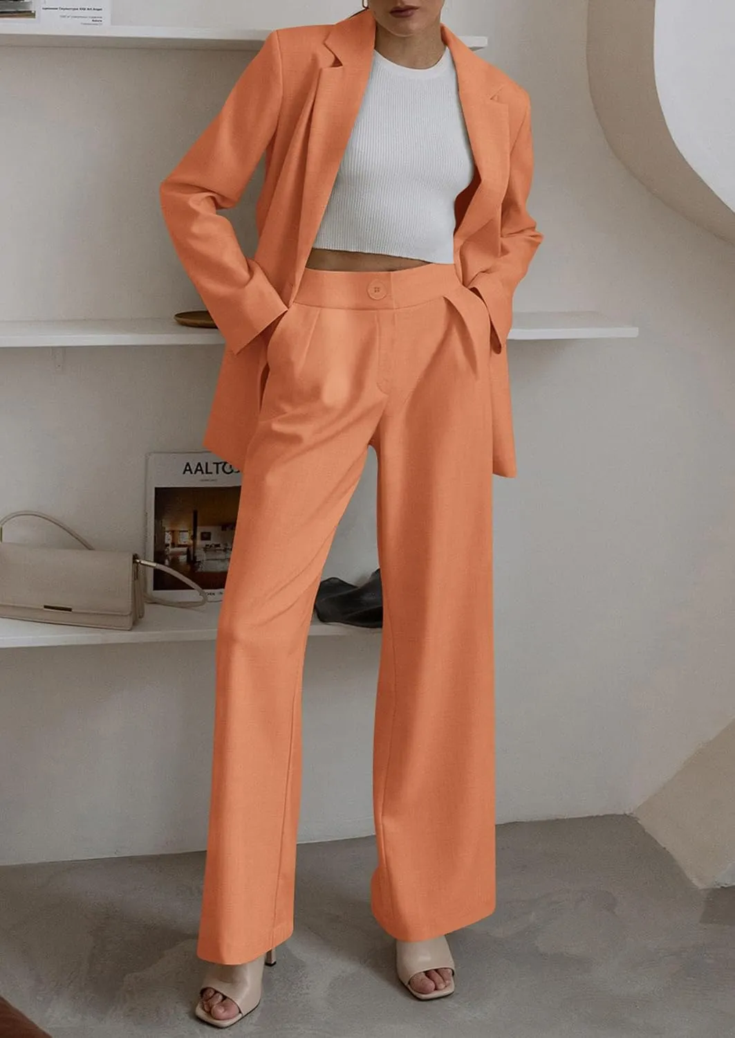 PRETTYGARDEN Women's Fall Two Piece Outfits Dressy Blazer Jacket and Wide Leg Pants Pockets Business Casual Office Suit Sets