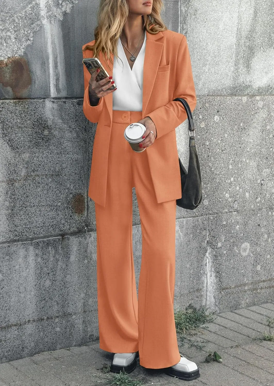 PRETTYGARDEN Women's Fall Two Piece Outfits Dressy Blazer Jacket and Wide Leg Pants Pockets Business Casual Office Suit Sets