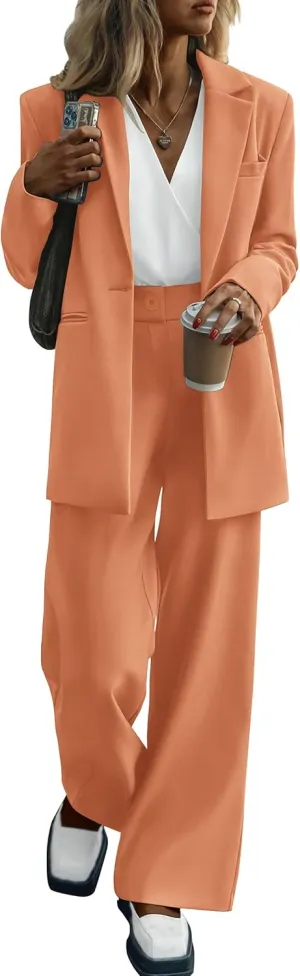 PRETTYGARDEN Women's Fall Two Piece Outfits Dressy Blazer Jacket and Wide Leg Pants Pockets Business Casual Office Suit Sets