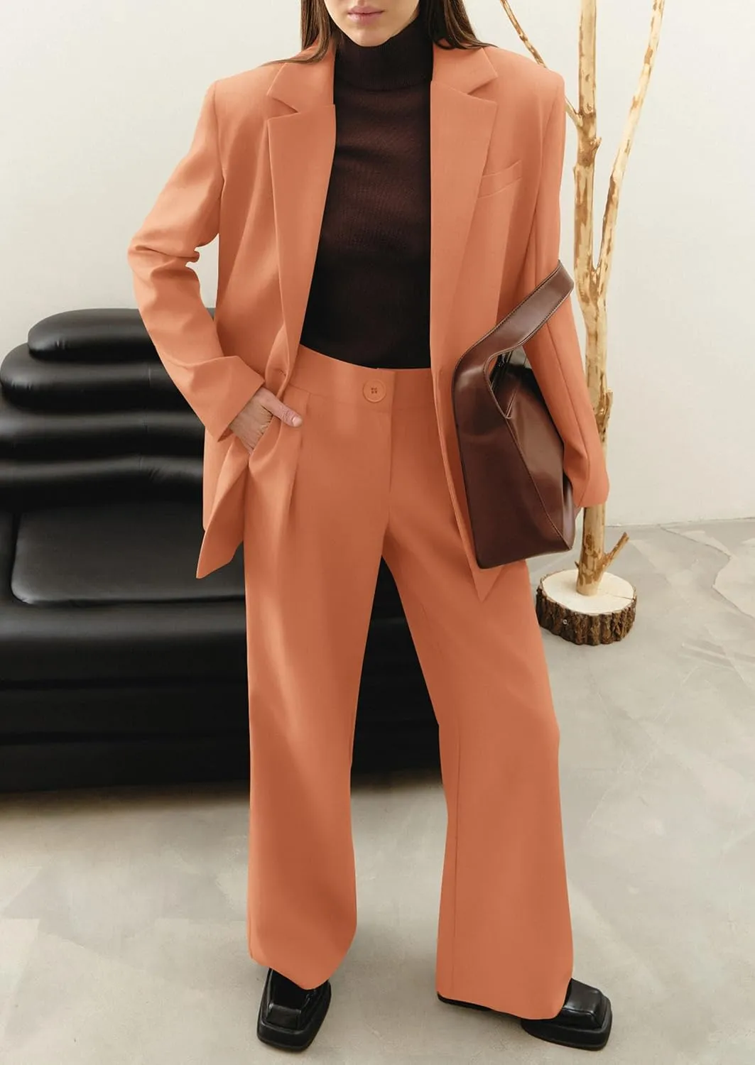 PRETTYGARDEN Women's Fall Two Piece Outfits Dressy Blazer Jacket and Wide Leg Pants Pockets Business Casual Office Suit Sets