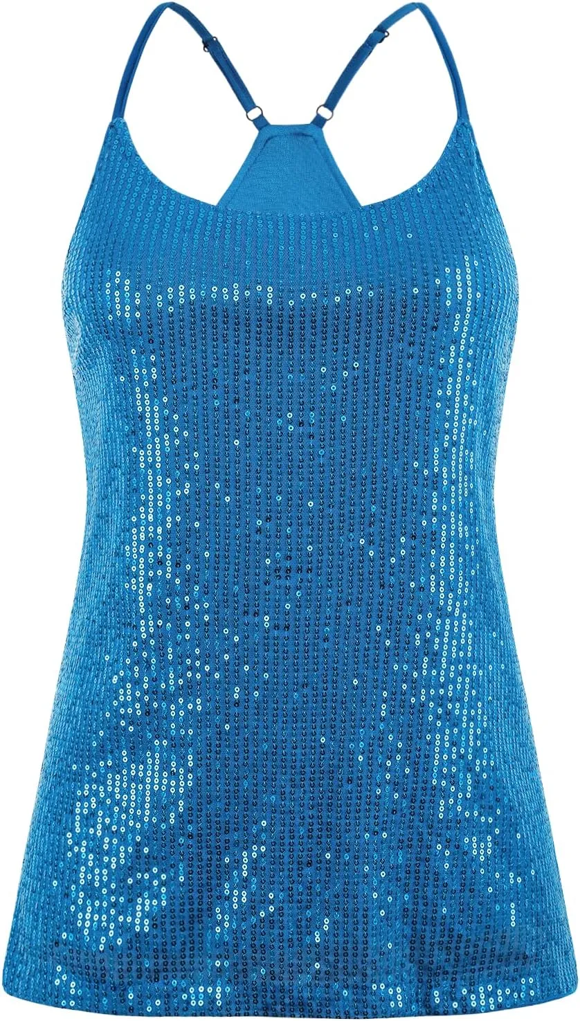 PrettyGuide Women's All Over Sequin Top Shimmer Strappy Camisole Sparkly Tank Tops Party Shirts