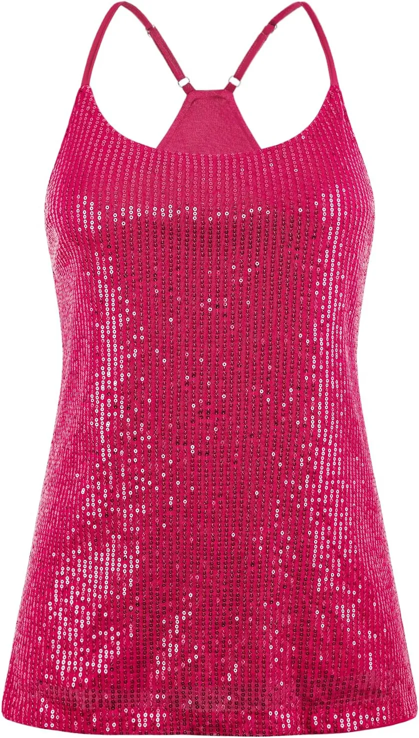 PrettyGuide Women's All Over Sequin Top Shimmer Strappy Camisole Sparkly Tank Tops Party Shirts