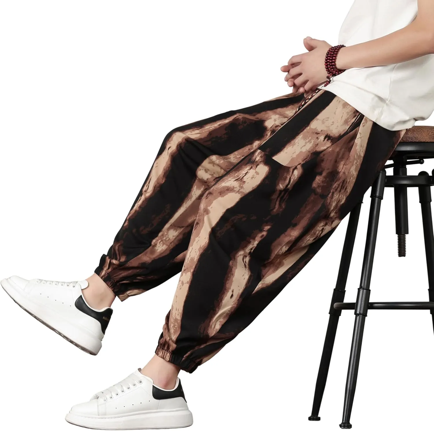 PRIJOUHE Harem Pants for Men Casual Drawstring Yoga Pants Boho Loose Fit Tapered Cropped Trousers with Pockets