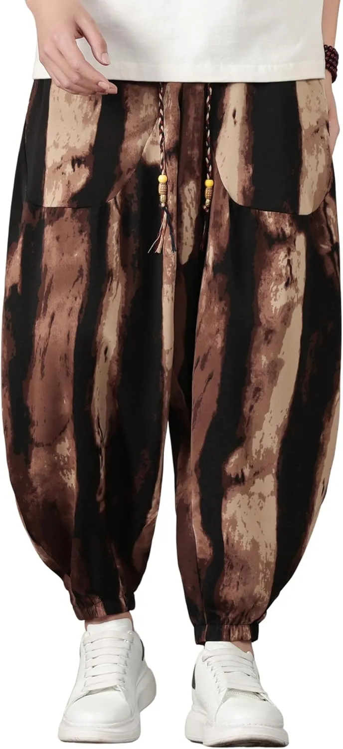 PRIJOUHE Harem Pants for Men Casual Drawstring Yoga Pants Boho Loose Fit Tapered Cropped Trousers with Pockets