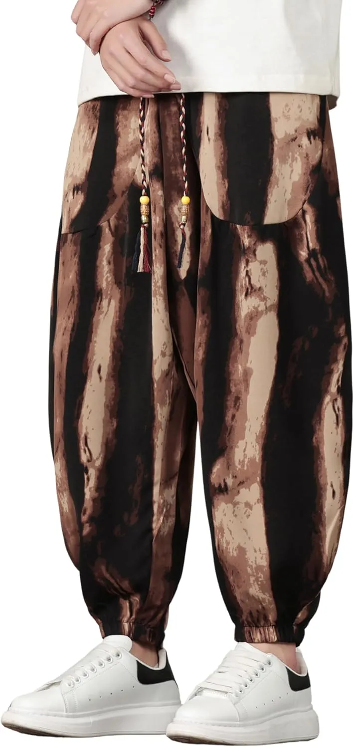 PRIJOUHE Harem Pants for Men Casual Drawstring Yoga Pants Boho Loose Fit Tapered Cropped Trousers with Pockets