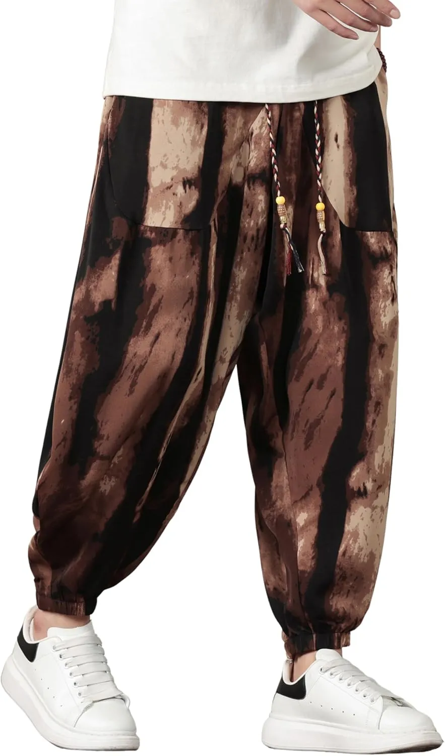 PRIJOUHE Harem Pants for Men Casual Drawstring Yoga Pants Boho Loose Fit Tapered Cropped Trousers with Pockets