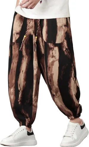 PRIJOUHE Harem Pants for Men Casual Drawstring Yoga Pants Boho Loose Fit Tapered Cropped Trousers with Pockets