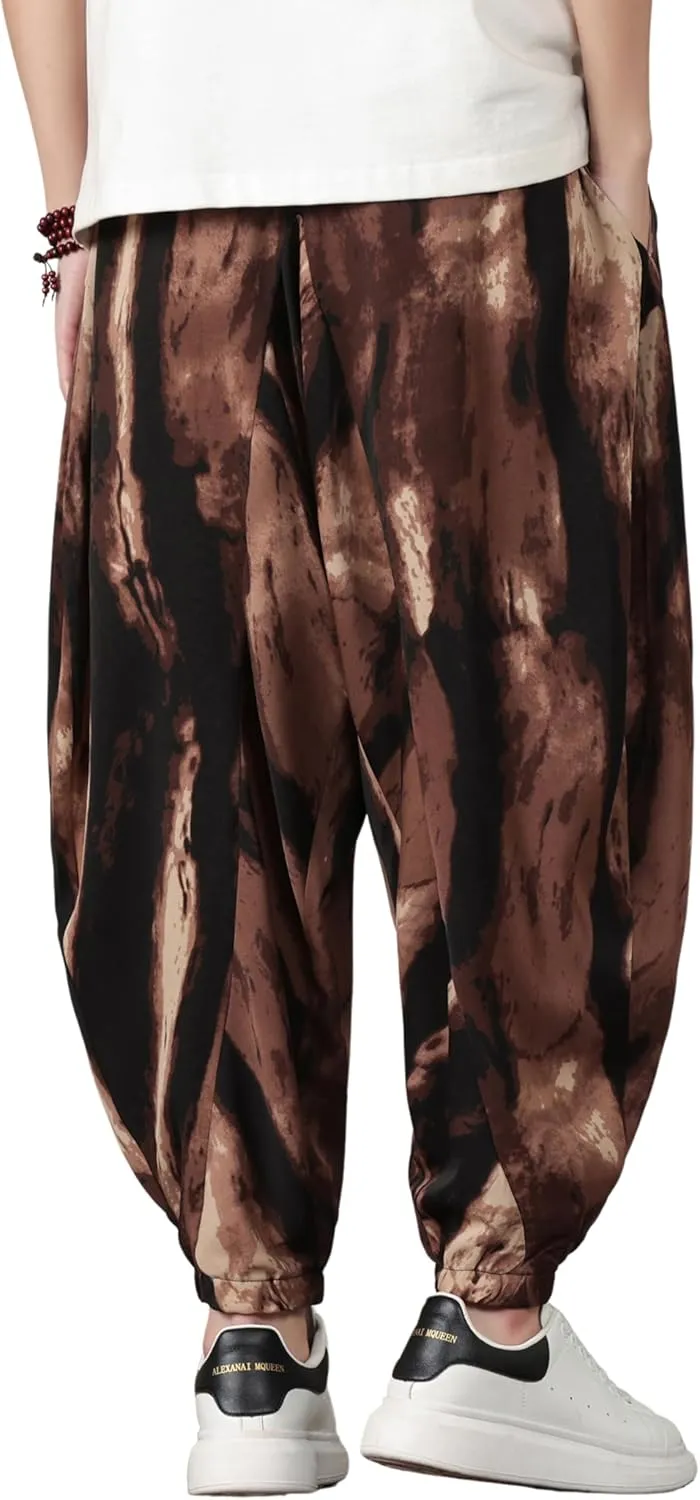 PRIJOUHE Harem Pants for Men Casual Drawstring Yoga Pants Boho Loose Fit Tapered Cropped Trousers with Pockets