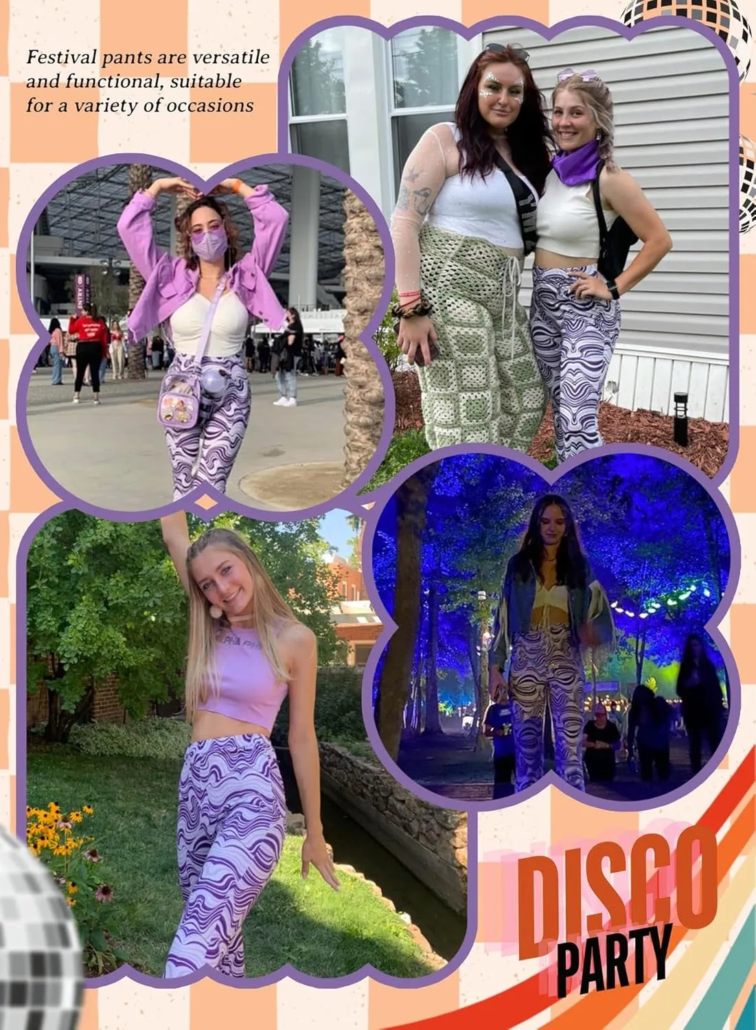 Rave Flare Pants for Women - EDC 70s Wide Leg Flair Leggings Disco Festival Outfits High Waist Bell Bottom Trousers
