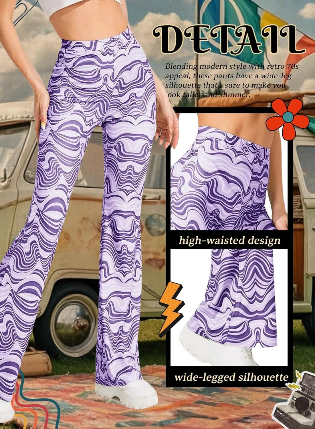 Rave Flare Pants for Women - EDC 70s Wide Leg Flair Leggings Disco Festival Outfits High Waist Bell Bottom Trousers