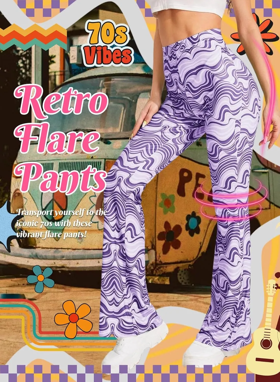 Rave Flare Pants for Women - EDC 70s Wide Leg Flair Leggings Disco Festival Outfits High Waist Bell Bottom Trousers
